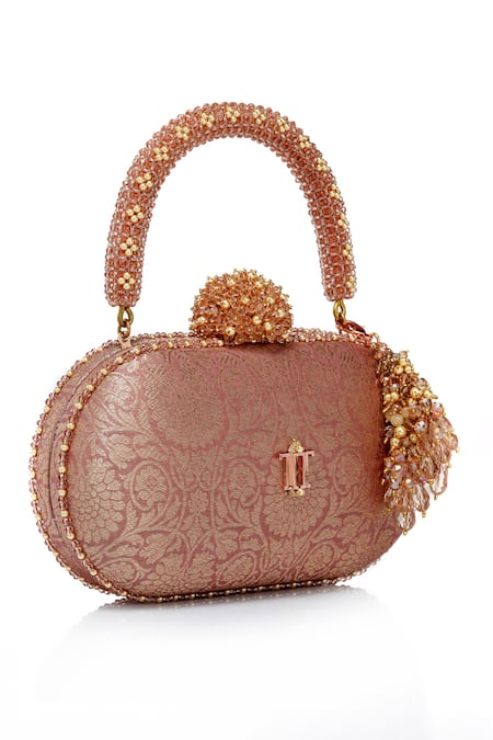 Shop_Tarun Tahiliani_Pink Beads, Stones, Tassels Embellished Floral Brocade Clutch Bag _Online_at_Aza_Fashions