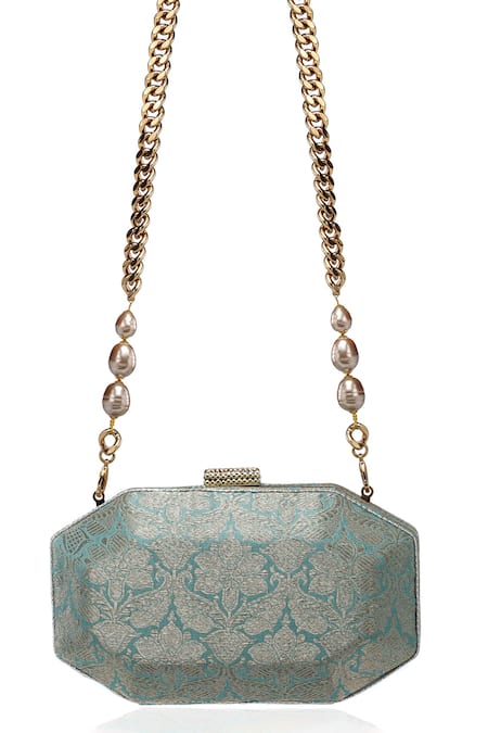 Tarun Tahiliani Blue Pearls, Beads, Stones, Rhinestones Octagon Shaped Brocade Sling Clutch Bag Online at Aza Fashions Tarun Tahiliani_Blue Pearls, Beads, Stones, Rhinestones Octagon Shaped Brocade Sling Clutch Bag _Online_at_Aza_Fashions