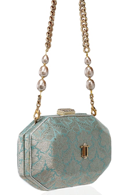 Buy Tarun Tahiliani Blue Pearls, Beads, Stones, Rhinestones Octagon Shaped Brocade Sling Clutch Bag Online at Aza Fashions Buy_Tarun Tahiliani_Blue Pearls, Beads, Stones, Rhinestones Octagon Shaped Brocade Sling Clutch Bag _Online_at_Aza_Fashions