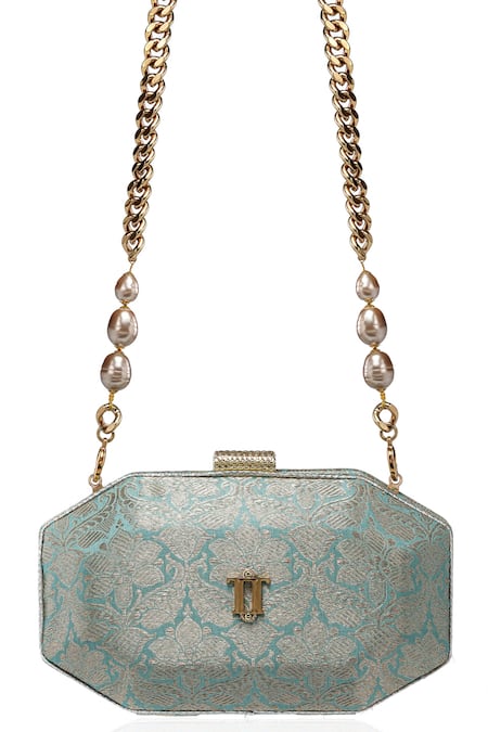 Shop Tarun Tahiliani Blue Pearls, Beads, Stones, Rhinestones Octagon Shaped Brocade Sling Clutch Bag Online at Aza Fashions Shop_Tarun Tahiliani_Blue Pearls, Beads, Stones, Rhinestones Octagon Shaped Brocade Sling Clutch Bag _Online_at_Aza_Fashions