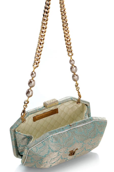 Tarun Tahiliani Blue Pearls, Beads, Stones, Rhinestones Octagon Shaped Brocade Sling Clutch Bag at Aza Fashions Tarun Tahiliani_Blue Pearls, Beads, Stones, Rhinestones Octagon Shaped Brocade Sling Clutch Bag _at_Aza_Fashions