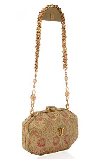 Tarun Tahiliani_Yellow Beads, Stones, Rhinestones Octagon Shaped Floral Brocade Sling Clutch Bag _Online_at_Aza_Fashions