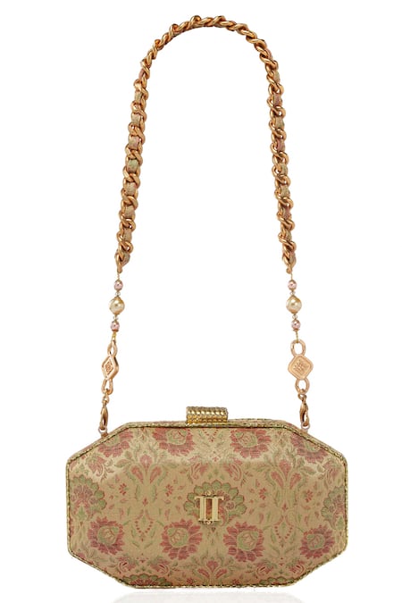 Tarun Tahiliani Octagon Shaped Floral Brocade Sling Clutch Bag