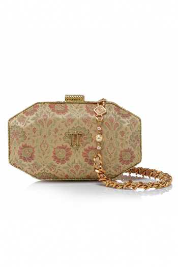 Buy_Tarun Tahiliani_Yellow Beads, Stones, Rhinestones Octagon Shaped Floral Brocade Sling Clutch Bag _Online_at_Aza_Fashions