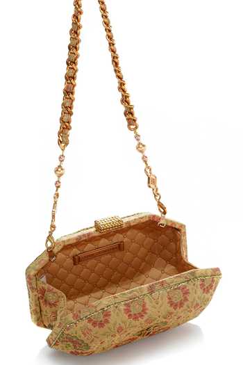 Shop_Tarun Tahiliani_Yellow Beads, Stones, Rhinestones Octagon Shaped Floral Brocade Sling Clutch Bag _Online_at_Aza_Fashions
