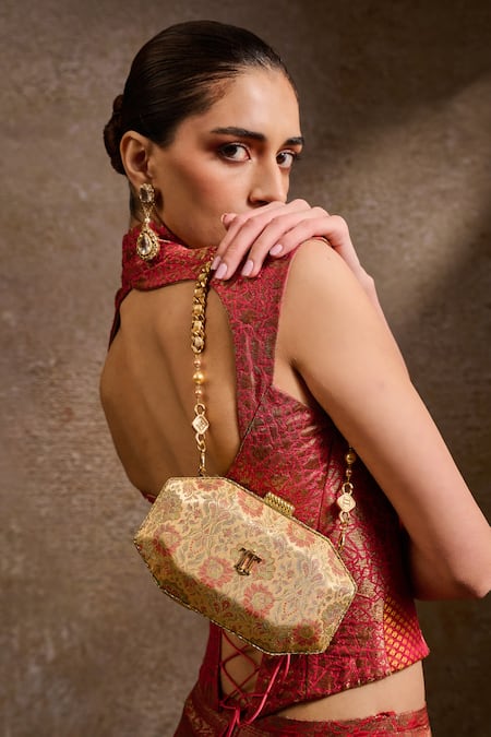 Tarun Tahiliani Octagon Shaped Floral Brocade Sling Clutch Bag