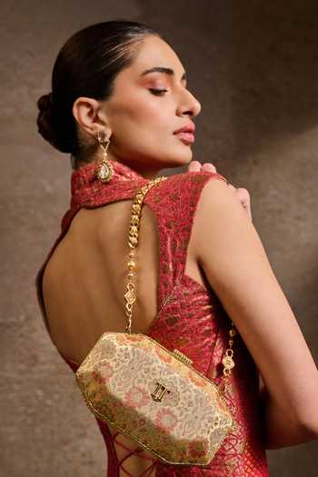 Tarun Tahiliani_Yellow Beads, Stones, Rhinestones Octagon Shaped Floral Brocade Sling Clutch Bag _at_Aza_Fashions