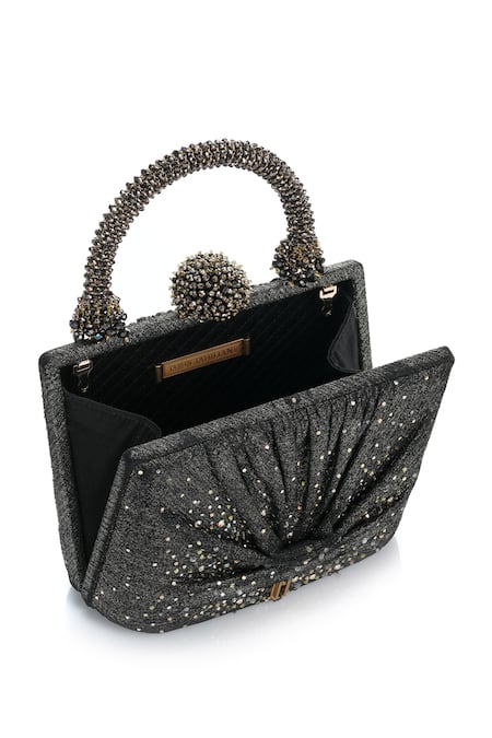 Tarun Tahiliani Black Rhinestones, Beads Draped Foil Jersey Embellished Clutch Bag Online at Aza Fashions Tarun Tahiliani_Black Rhinestones, Beads Draped Foil Jersey Embellished Clutch Bag _Online_at_Aza_Fashions