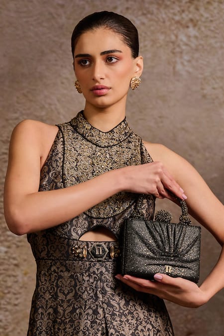 Tarun Tahiliani Draped Foil Jersey Embellished Clutch Bag