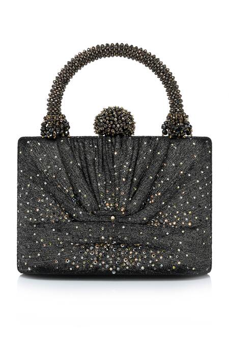 Shop Tarun Tahiliani Black Rhinestones, Beads Draped Foil Jersey Embellished Clutch Bag Online at Aza Fashions Shop_Tarun Tahiliani_Black Rhinestones, Beads Draped Foil Jersey Embellished Clutch Bag _Online_at_Aza_Fashions