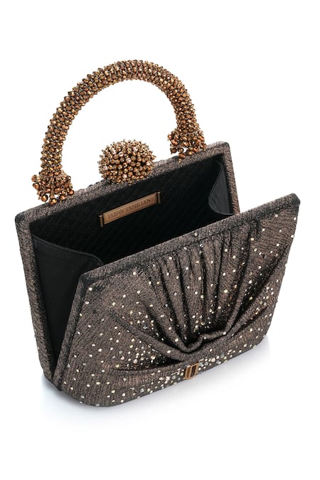 Tarun Tahiliani Brown Rhinestones, Beads, Stones Draped Foil Jersey Embellished Clutch Bag Online at Aza Fashions Tarun Tahiliani_Brown Rhinestones, Beads, Stones Draped Foil Jersey Embellished Clutch Bag _Online_at_Aza_Fashions