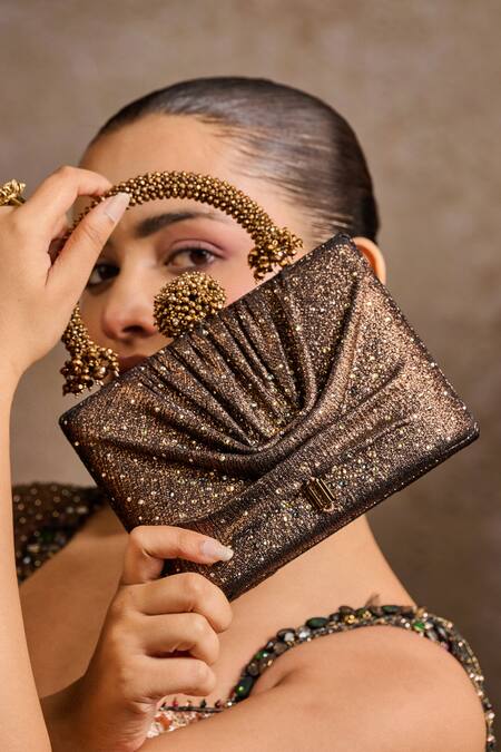 Buy Tarun Tahiliani Brown Rhinestones, Beads, Stones Draped Foil Jersey Embellished Clutch Bag Online at Aza Fashions Buy_Tarun Tahiliani_Brown Rhinestones, Beads, Stones Draped Foil Jersey Embellished Clutch Bag _Online_at_Aza_Fashions