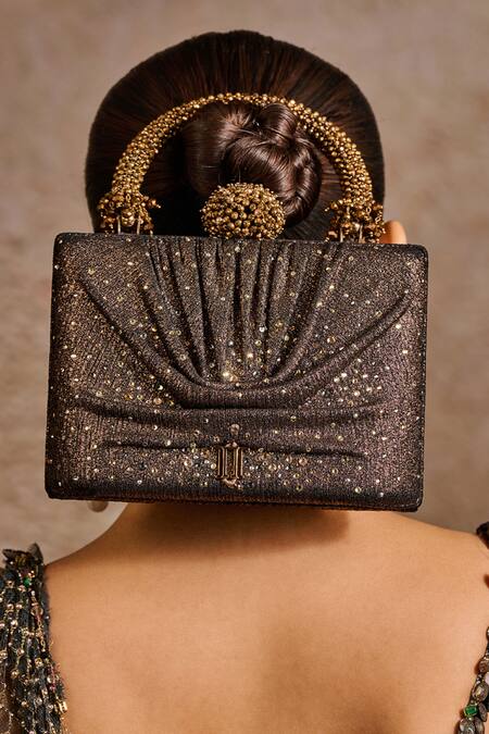 Shop Tarun Tahiliani Brown Rhinestones, Beads, Stones Draped Foil Jersey Embellished Clutch Bag Online at Aza Fashions Shop_Tarun Tahiliani_Brown Rhinestones, Beads, Stones Draped Foil Jersey Embellished Clutch Bag _Online_at_Aza_Fashions