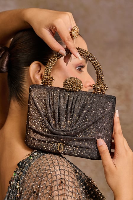 Tarun Tahiliani Draped Foil Jersey Embellished Clutch Bag