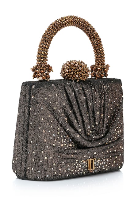 Tarun Tahiliani Brown Rhinestones, Beads, Stones Draped Foil Jersey Embellished Clutch Bag at Aza Fashions Tarun Tahiliani_Brown Rhinestones, Beads, Stones Draped Foil Jersey Embellished Clutch Bag _at_Aza_Fashions