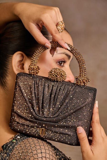 Buy Tarun Tahiliani Brown Rhinestones, Beads, Stones Draped Foil Jersey Embellished Clutch Bag Buy_Tarun Tahiliani_Brown Rhinestones, Beads, Stones Draped Foil Jersey Embellished Clutch Bag