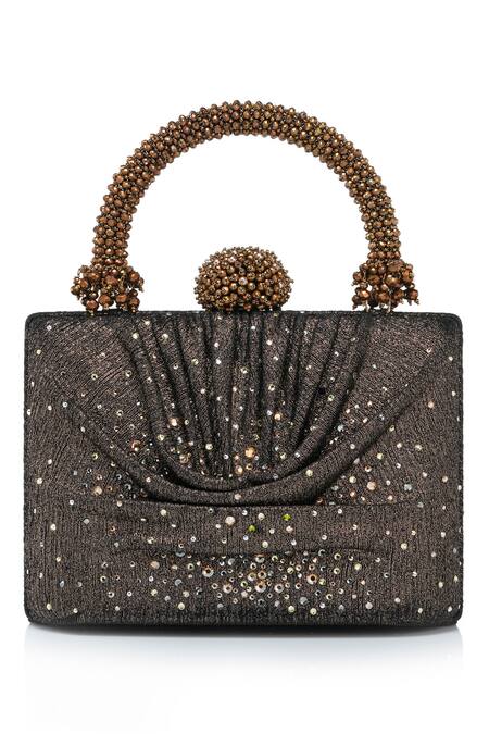 Shop Tarun Tahiliani Brown Rhinestones, Beads, Stones Draped Foil Jersey Embellished Clutch Bag Shop_Tarun Tahiliani_Brown Rhinestones, Beads, Stones Draped Foil Jersey Embellished Clutch Bag
