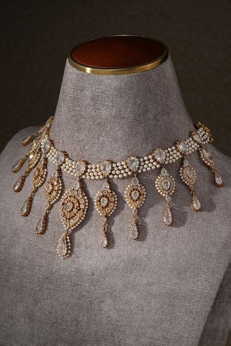 Tarun Tahiliani_Gold Plated Ornate Floral Gulluband Necklace _Online_at_Aza_Fashions