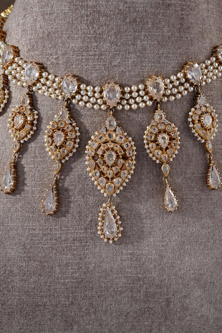 Shop_Tarun Tahiliani_Gold Plated Ornate Floral Gulluband Necklace _Online_at_Aza_Fashions