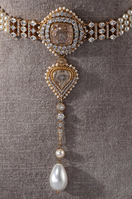 Tarun Tahiliani Gold Plated Pearl Pendant Drop Embellished Choker Online at Aza Fashions Tarun Tahiliani_Gold Plated Pearl Pendant Drop Embellished Choker _Online_at_Aza_Fashions