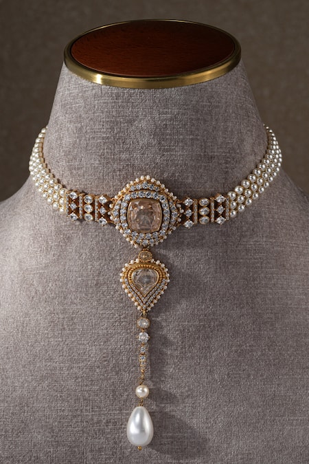 Buy Tarun Tahiliani Gold Plated Pearl Pendant Drop Embellished Choker Online at Aza Fashions Buy_Tarun Tahiliani_Gold Plated Pearl Pendant Drop Embellished Choker _Online_at_Aza_Fashions