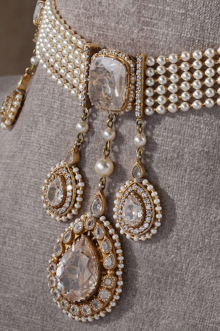 Tarun Tahiliani Gold Plated Dangling Zircon Drop Choker Online at Aza Fashions Tarun Tahiliani_Gold Plated Dangling Zircon Drop Choker _Online_at_Aza_Fashions