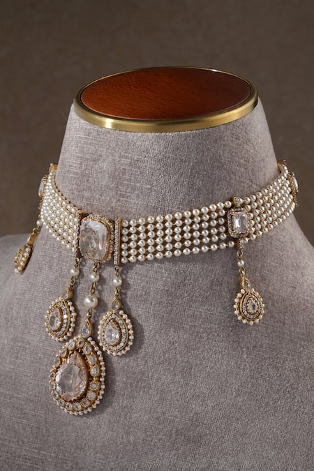 Shop Tarun Tahiliani Gold Plated Dangling Zircon Drop Choker Online at Aza Fashions Shop_Tarun Tahiliani_Gold Plated Dangling Zircon Drop Choker _Online_at_Aza_Fashions