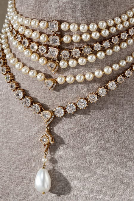 Tarun Tahiliani Gold Plated Pearl And Zircon Multi Layered Choker Necklace Online at Aza Fashions Tarun Tahiliani_Gold Plated Pearl And Zircon Multi Layered Choker Necklace _Online_at_Aza_Fashions