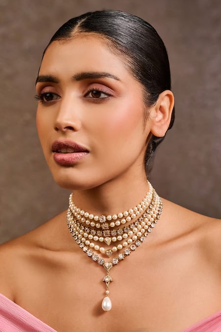 Tarun Tahiliani Pearl & Zircon Multi Layered Choker Necklace