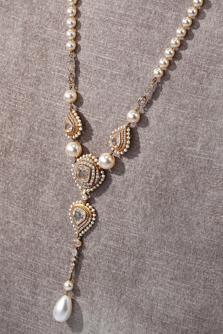 Shop Tarun Tahiliani Gold Plated Handcrafted Zircon Lariat Necklace Online at Aza Fashions Shop_Tarun Tahiliani_Gold Plated Handcrafted Zircon Lariat Necklace _Online_at_Aza_Fashions