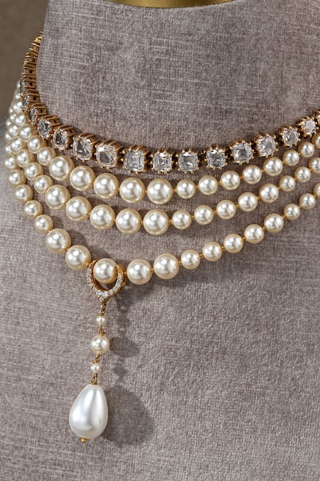 Tarun Tahiliani Gold Plated Pearl And Zircon Multi Layered Choker Necklace Online at Aza Fashions Tarun Tahiliani_Gold Plated Pearl And Zircon Multi Layered Choker Necklace _Online_at_Aza_Fashions