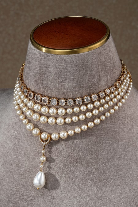 Tarun Tahiliani Pearl & Zircon Multi Layered Choker Necklace