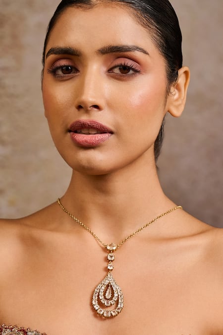 Tarun Tahiliani Embellished Pear Pendant Drop Lariat Necklace