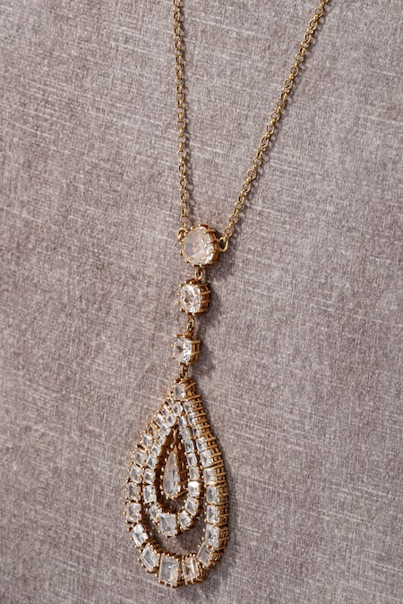 Shop Tarun Tahiliani Gold Plated Embellished Pear Pendant Drop Lariat Necklace Online at Aza Fashions Shop_Tarun Tahiliani_Gold Plated Embellished Pear Pendant Drop Lariat Necklace _Online_at_Aza_Fashions