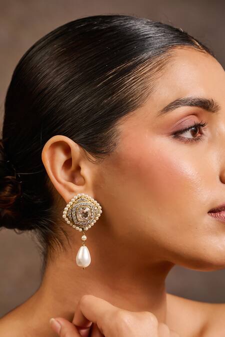 Tarun Tahiliani Gold Plated Stones, Pearls, Faux Diamonds, Rhombus Shaped Embellished Earrings Online at Aza Fashions Tarun Tahiliani_Gold Plated Stones, Pearls, Faux Diamonds, Rhombus Shaped Embellished Earrings _Online_at_Aza_Fashions