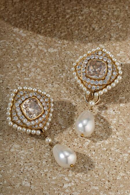Buy Tarun Tahiliani Gold Plated Stones, Pearls, Faux Diamonds, Rhombus Shaped Embellished Earrings Online at Aza Fashions Buy_Tarun Tahiliani_Gold Plated Stones, Pearls, Faux Diamonds, Rhombus Shaped Embellished Earrings _Online_at_Aza_Fashions