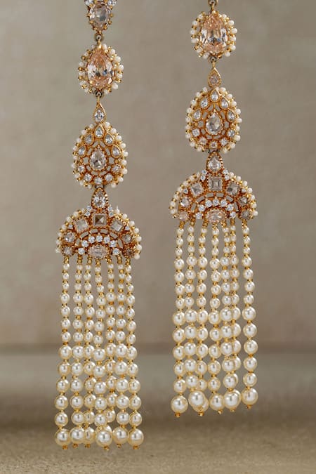 Tarun Tahiliani Gold Plated Stones, Faux Diamonds, Pearls, Tassels Embellished Kanauti Earrings Online at Aza Fashions Tarun Tahiliani_Gold Plated Stones, Faux Diamonds, Pearls, Tassels Embellished Kanauti Earrings _Online_at_Aza_Fashions