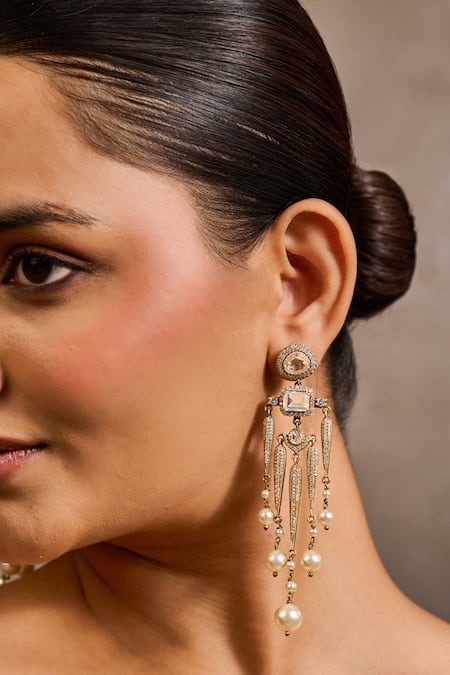 Tarun Tahiliani Gold Plated Stones, Pearls, Crystals Sleek Pave Shaped Embellished Long Earrings Online at Aza Fashions Tarun Tahiliani_Gold Plated Stones, Pearls, Crystals Sleek Pave Shaped Embellished Long Earrings _Online_at_Aza_Fashions