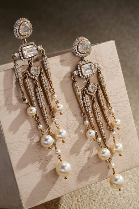 Tarun Tahiliani Sleek Pave Shaped Embellished Long Earrings 