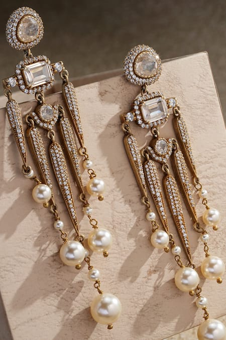 Buy Tarun Tahiliani Gold Plated Stones, Pearls, Crystals Sleek Pave Shaped Embellished Long Earrings Online at Aza Fashions Buy_Tarun Tahiliani_Gold Plated Stones, Pearls, Crystals Sleek Pave Shaped Embellished Long Earrings _Online_at_Aza_Fashions