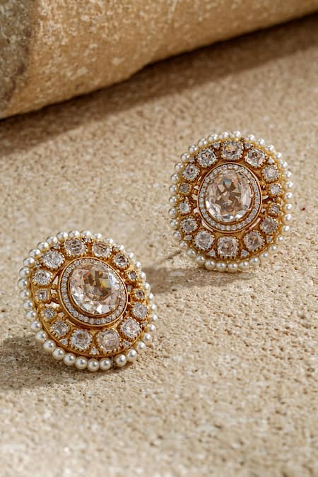Tarun Tahiliani Gold Plated Pearls, Stones, Crystals Handcrafted Embellished Stud Earrings Online at Aza Fashions Tarun Tahiliani_Gold Plated Pearls, Stones, Crystals Handcrafted Embellished Stud Earrings _Online_at_Aza_Fashions