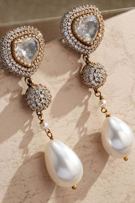 Tarun Tahiliani Gold Plated Zari, Diamonds, Pearls, Stones Handcrafted Embellished Long Earrings Online at Aza Fashions Tarun Tahiliani_Gold Plated Zari, Diamonds, Pearls, Stones Handcrafted Embellished Long Earrings _Online_at_Aza_Fashions
