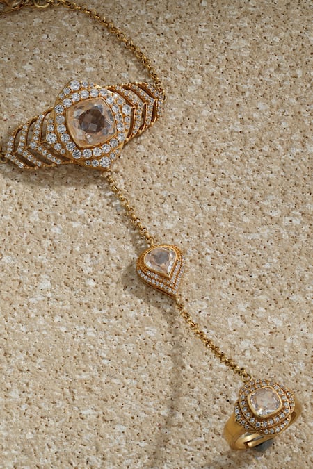 Tarun Tahiliani Gold Plated Rhinestones, Faux Diamonds, Pearls Zircon Embellished Hathphool Online at Aza Fashions Tarun Tahiliani_Gold Plated Rhinestones, Faux Diamonds, Pearls Zircon Embellished Hathphool _Online_at_Aza_Fashions