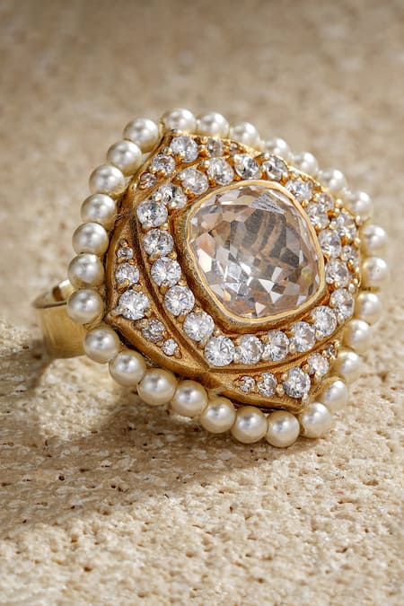 Tarun Tahiliani Gold Plated Zari, Faux Diamonds, Rhombus Shaped Embellished Adjustable Ring Online at Aza Fashions Tarun Tahiliani_Gold Plated Zari, Faux Diamonds, Rhombus Shaped Embellished Adjustable Ring _Online_at_Aza_Fashions