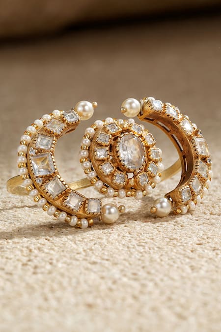 Tarun Tahiliani_Gold Plated Zari, Faux Diamonds, Pearls, Crescent Studded Double Finger Ring _Online_at_Aza_Fashions