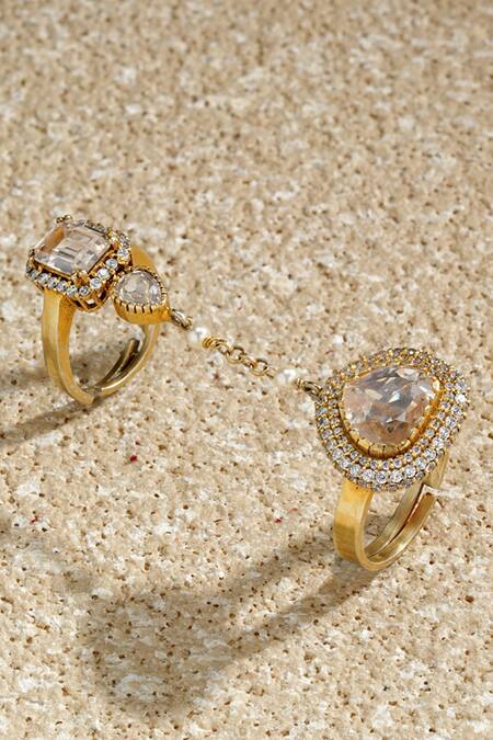 Tarun Tahiliani Gold Plated Faux Diamonds, Zari, Pearls, Embellished Link Double Finger Ring Online at Aza Fashions Tarun Tahiliani_Gold Plated Faux Diamonds, Zari, Pearls, Embellished Link Double Finger Ring _Online_at_Aza_Fashions