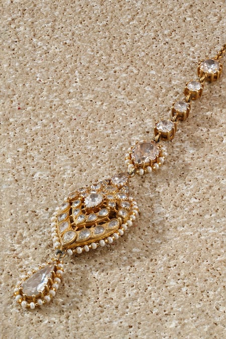 Tarun Tahiliani_Gold Plated Handcrafted Zircon Studded Maangtikka _Online_at_Aza_Fashions