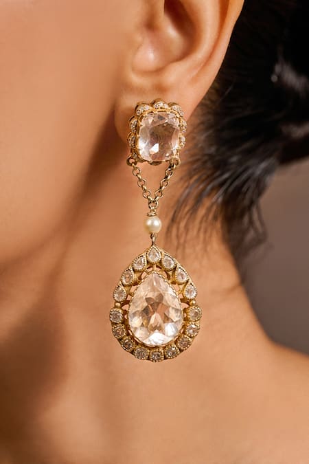 Tarun Tahiliani Gold Plated Diamonds, Pearls, Stones, Crystals Motif Drop Embellished Earrings Online at Aza Fashions Tarun Tahiliani_Gold Plated Diamonds, Pearls, Stones, Crystals Motif Drop Embellished Earrings _Online_at_Aza_Fashions