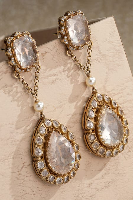 Buy Tarun Tahiliani Gold Plated Diamonds, Pearls, Stones, Crystals Motif Drop Embellished Earrings Online at Aza Fashions Buy_Tarun Tahiliani_Gold Plated Diamonds, Pearls, Stones, Crystals Motif Drop Embellished Earrings _Online_at_Aza_Fashions
