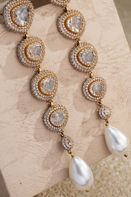Tarun Tahiliani Gold Plated Stones, Pearls Zircon Embellished Long Earrings Online at Aza Fashions Tarun Tahiliani_Gold Plated Stones, Pearls Zircon Embellished Long Earrings _Online_at_Aza_Fashions